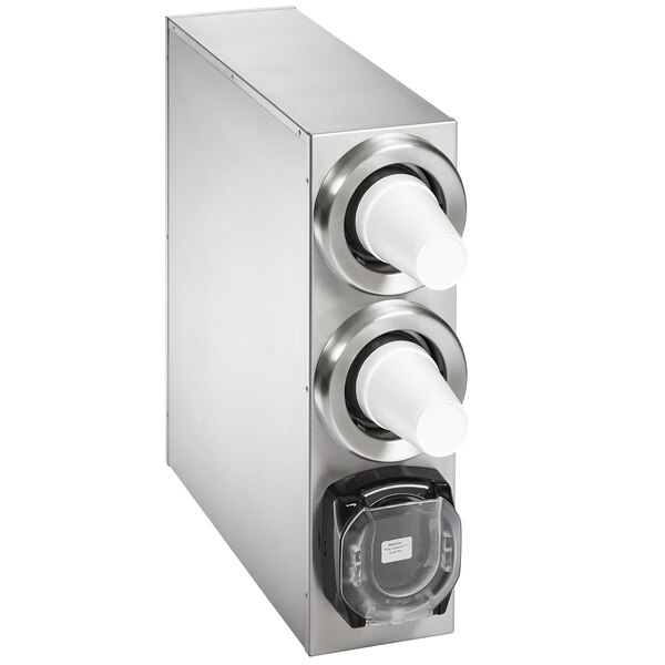 A silver stainless steel Vollrath countertop cup dispenser cabinet with two white cups.