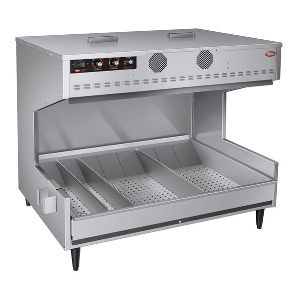 A silver Hatco freestanding multi-product warming station with two trays.