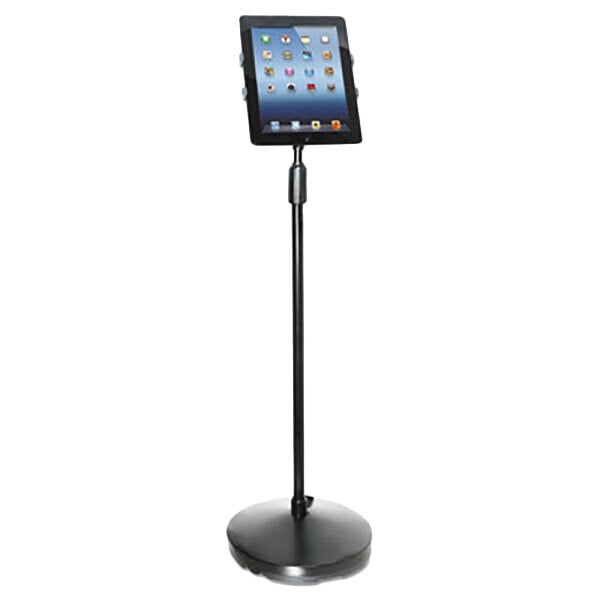 A black Kantek tablet stand on a pole with wheels.