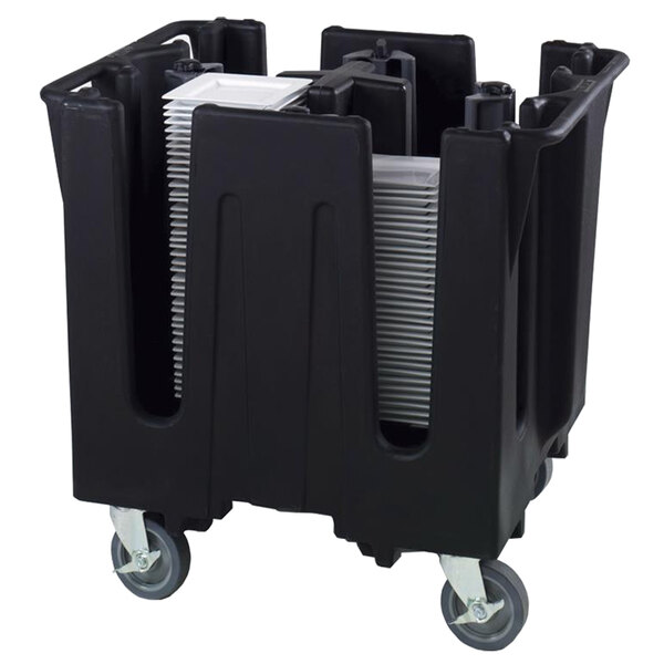 A black plastic Vollrath dish caddy with wheels.