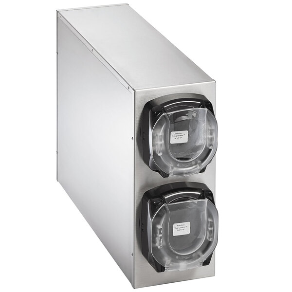 A stainless steel Vollrath LidSaver 3 double vertical lid dispenser cabinet with two slots.
