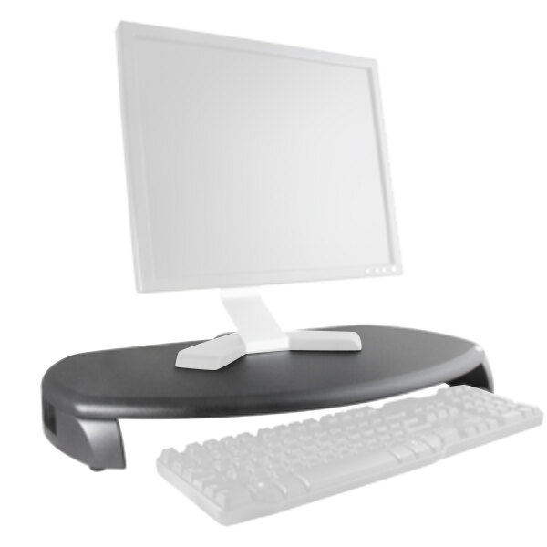 A black Kantek LCD monitor stand with a keyboard underneath.