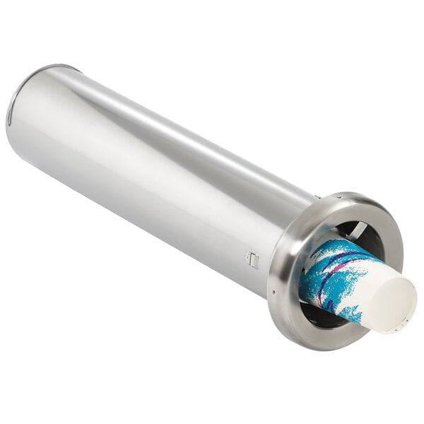 A silver stainless steel cylinder with a blue and white pattern inside.