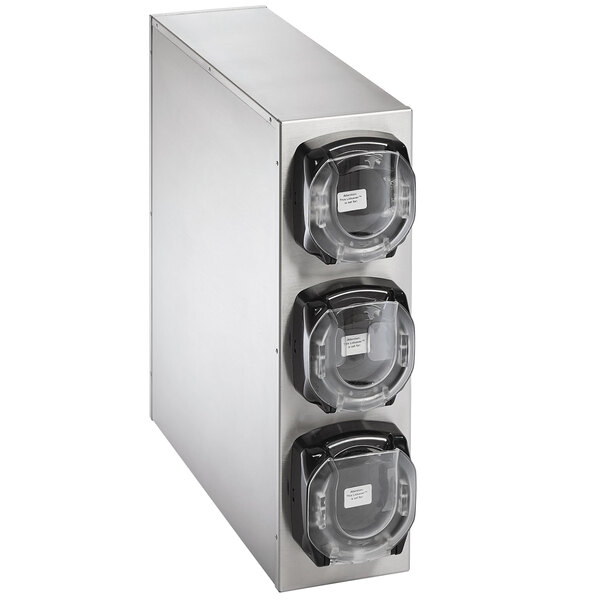 A stainless steel Vollrath LidSaver 3-Slot Vertical Countertop Lid Dispenser Cabinet with three compartments.