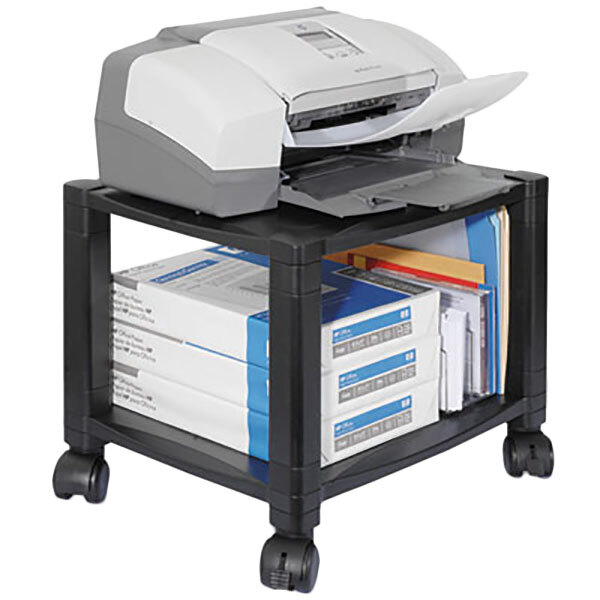 A black Kantek mobile printer stand with a printer on it.