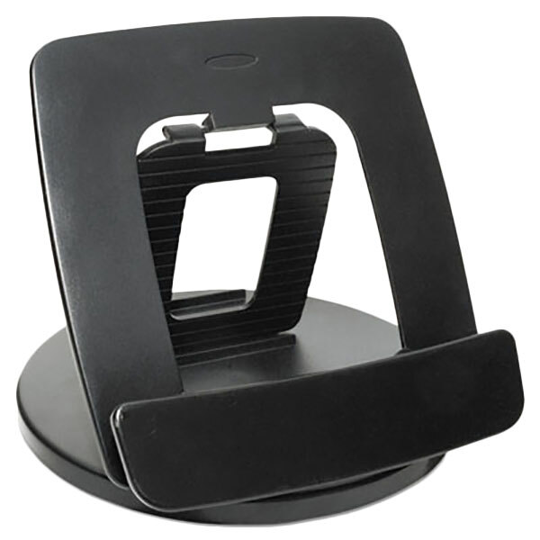 A Kantek black rotating desktop tablet stand with a black phone holder.