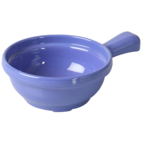 A purple melamine bowl with a handle.