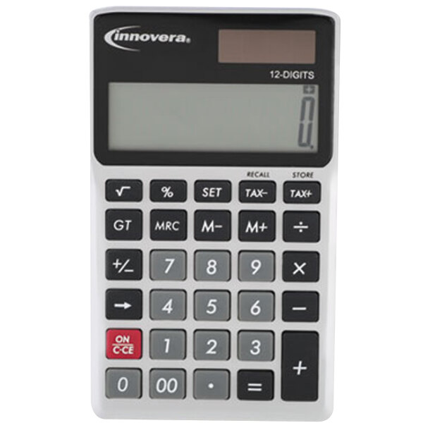 An Innovera handheld calculator with a close-up of the screen.