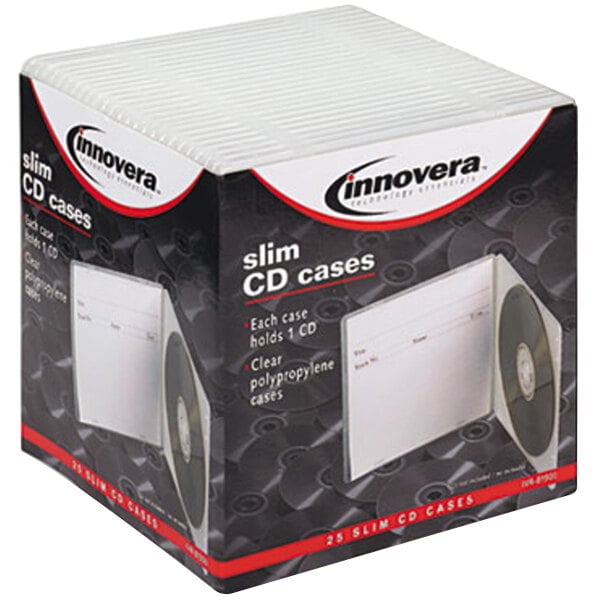A box of 25 Innovera slim CD cases with a white lid.