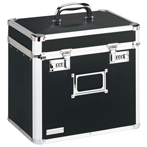 A black and silver rectangular Vaultz locking file chest with handles.