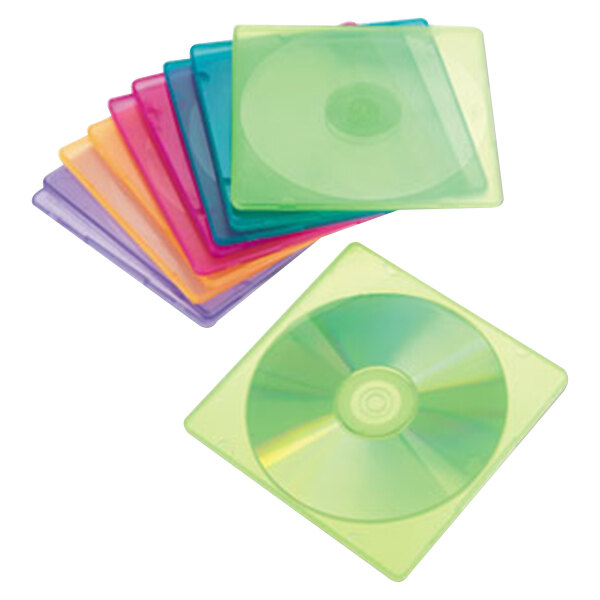 A stack of Innovera slim CD/DVD cases in various colors.