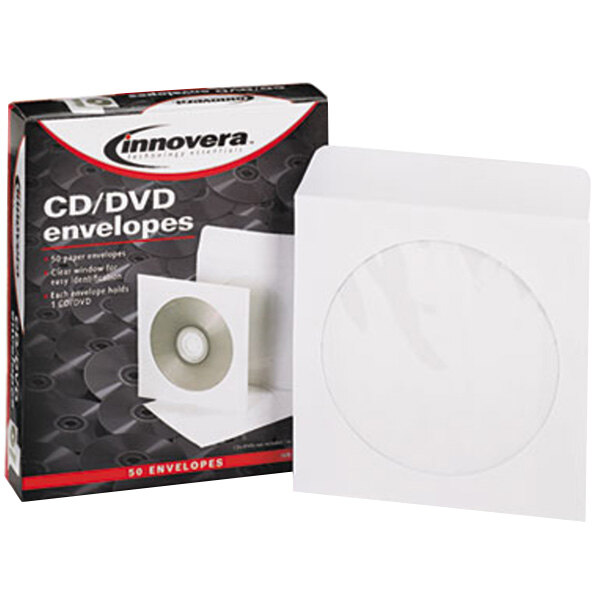 A white box of Innovera CD / DVD envelopes with a white CD sleeve with a circle in it.