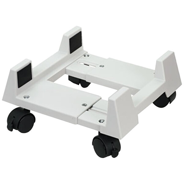 A white plastic Innovera CPU stand with black wheels.