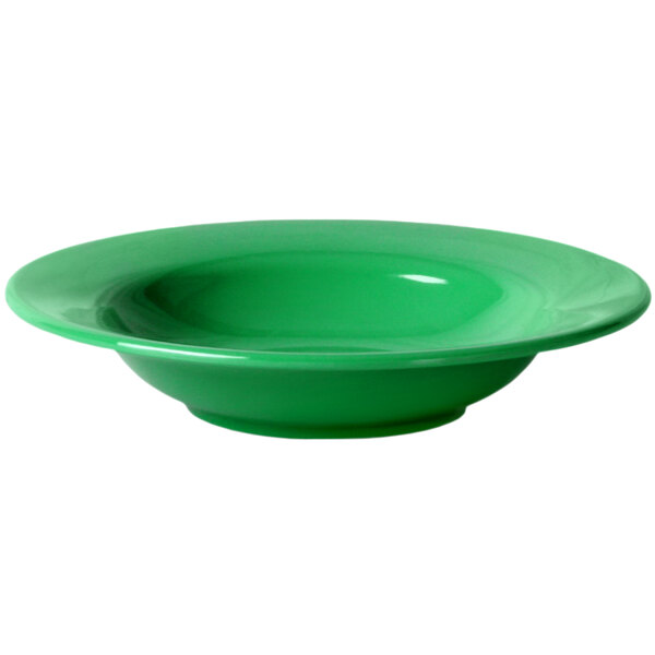 A close-up of a green Thunder Group melamine bowl with a wide rim.