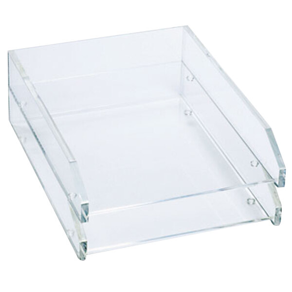 A clear acrylic Kantek letter tray with two sections.