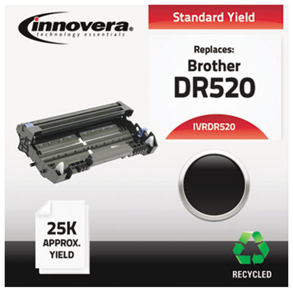 An Innovera DR520 black printer cartridge with white text on a white background.