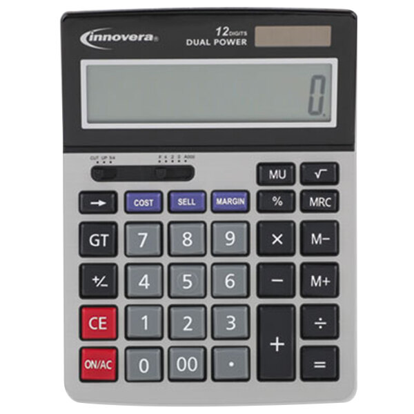 An Innovera grey and black 12-digit calculator with a black and white display.