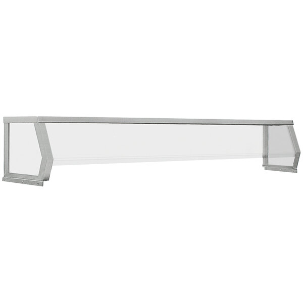 A white metal rectangular serving shelf with a clear glass top.