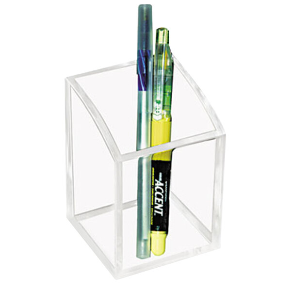A clear acrylic pencil cup with a pen and pencil inside.