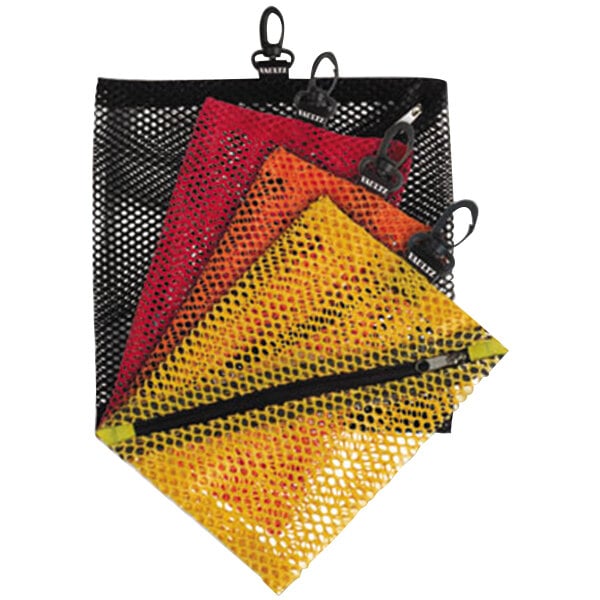 A group of Vaultz mesh cord storage bags in assorted colors with zippers.