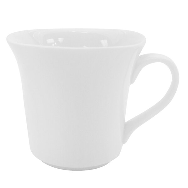 A 4.5 oz. bright white square porcelain cup with a handle.