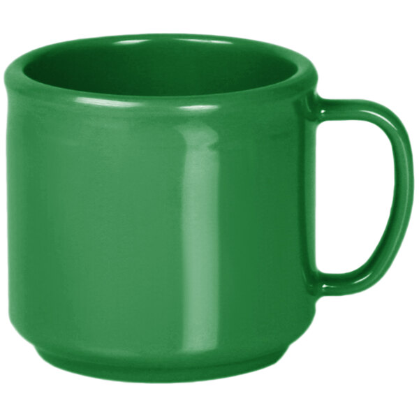 A green Thunder Group melamine mug with a handle.