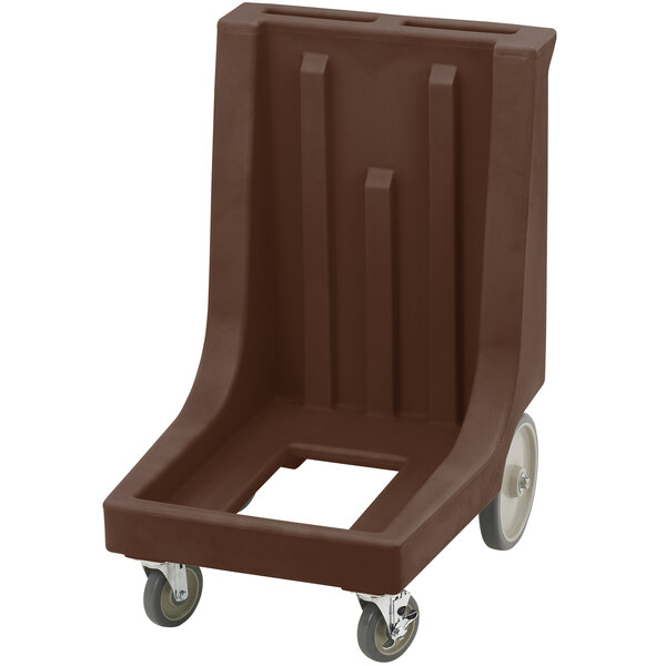 A dark brown plastic Cambro Camdolly with wheels.