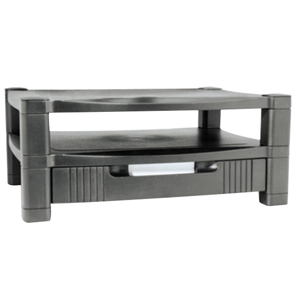 A black plastic Kantek monitor stand with storage drawers.