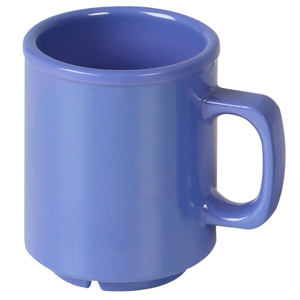 A purple melamine mug with a handle.