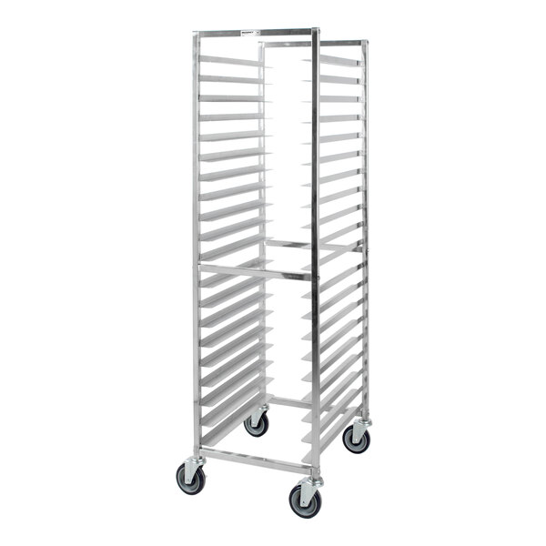 A tall, stainless steel rack with multiple horizontal slots for holding pans, mounted on four caster wheels.