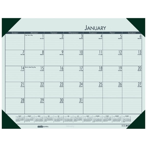 A House of Doolittle desk pad calendar with a green border, numbers, and days of the week.