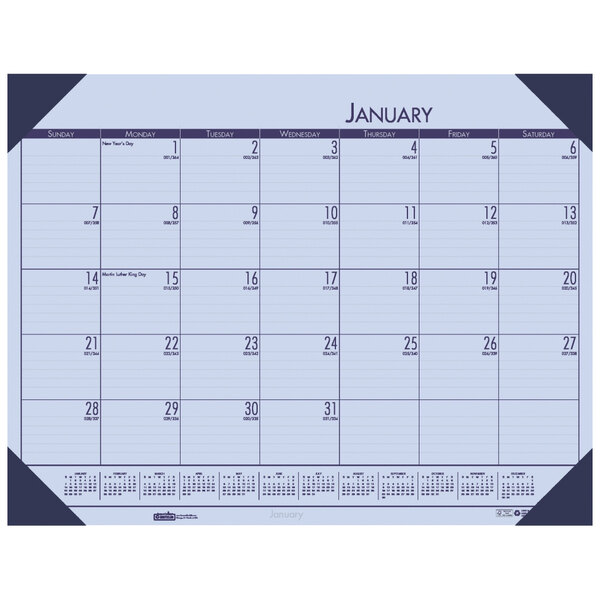 A House of Doolittle Sunset Orchid desk pad calendar with black numbers and days of the week in the corner.