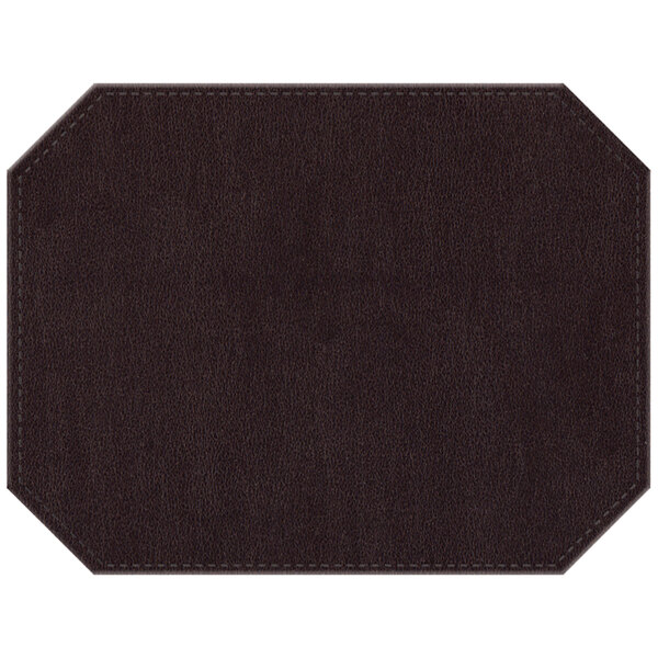 An aubergine faux leather octagon placemat with stitching.