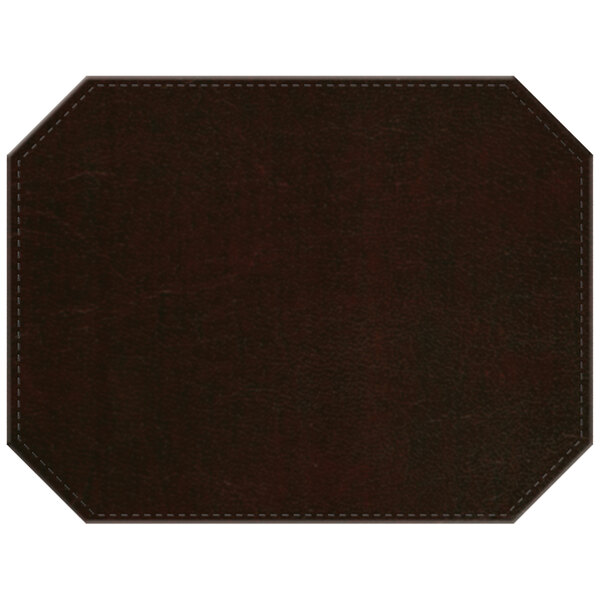 A brown leather octagon placemat with stitching.