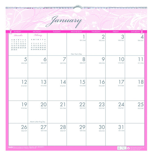 A white calendar with pink and white text and a pink ribbon.