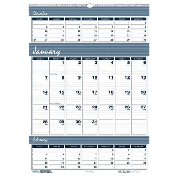 A House of Doolittle wall calendar with months, numbers, and a blue stripe.