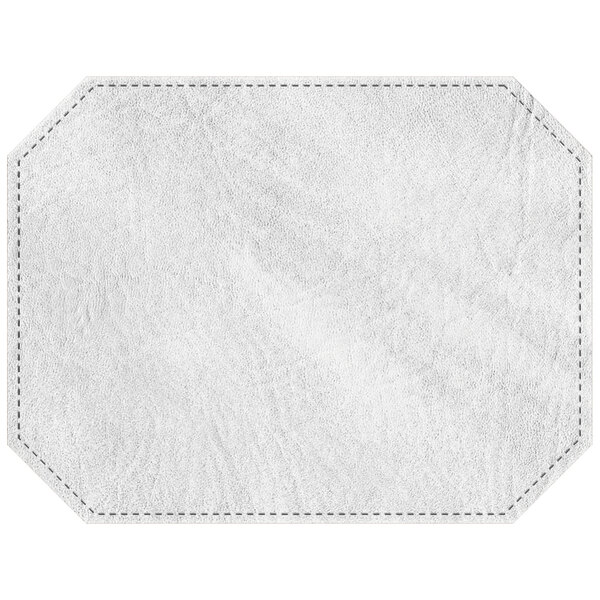 A white faux leather octagon placemat with stitching.
