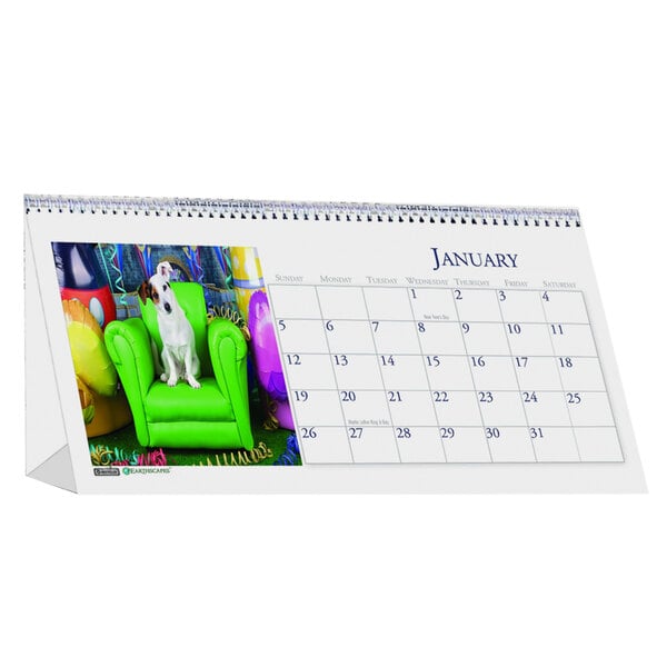 A House of Doolittle desk tent calendar with a dog on it sitting on a green chair.