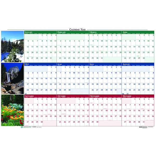 A House of Doolittle wall calendar with nature scenes including flowers and a waterfall.