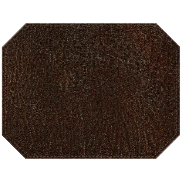 A brown premium sewn faux leather octagon placemat with stitching on the edges.
