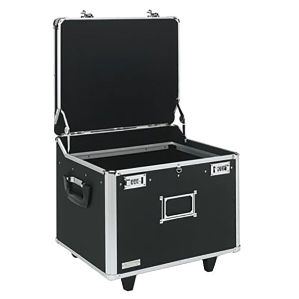 A black and silver Vaultz mobile file chest with a black handle and lock.