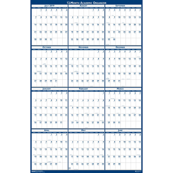 A white calendar with blue and gray text and numbers.