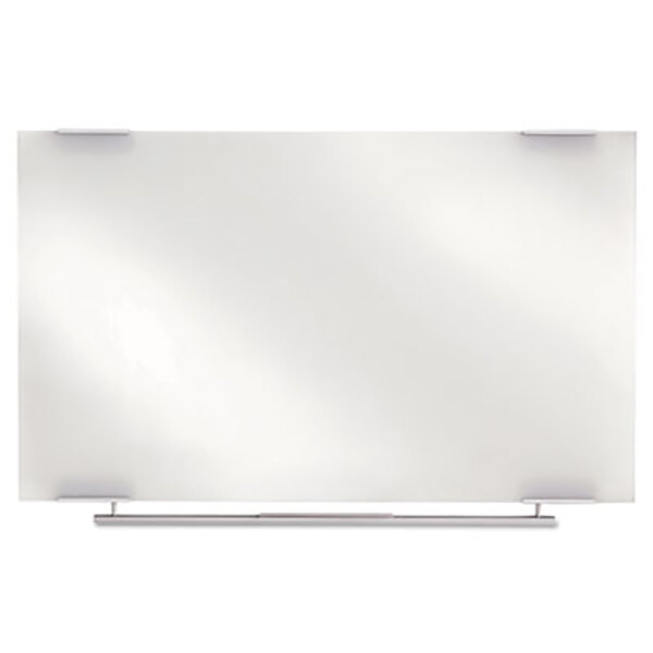 An Iceberg white glass dry-erase board with metal holders.