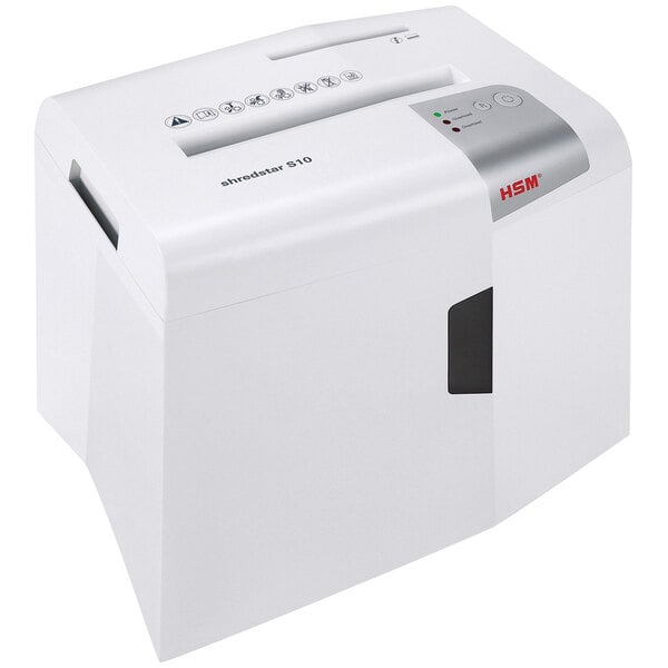 A white HSM ShredStar S10 strip-cut shredder with black accents and buttons.