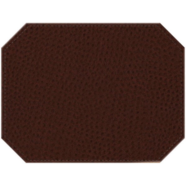 A mahogany faux leather octagon placemat with stitching.