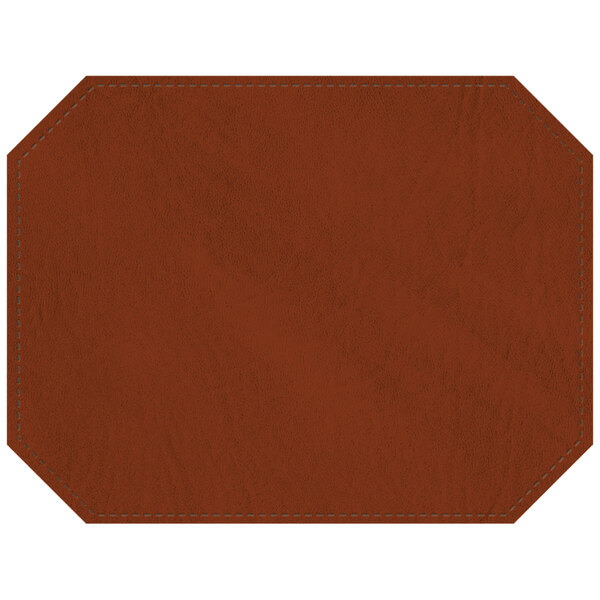 A brown faux leather octagon placemat with stitching.