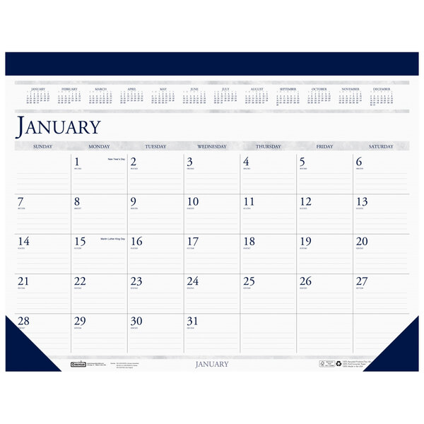 A House of Doolittle academic desk pad calendar with a white background, blue border, and monthly numbers.