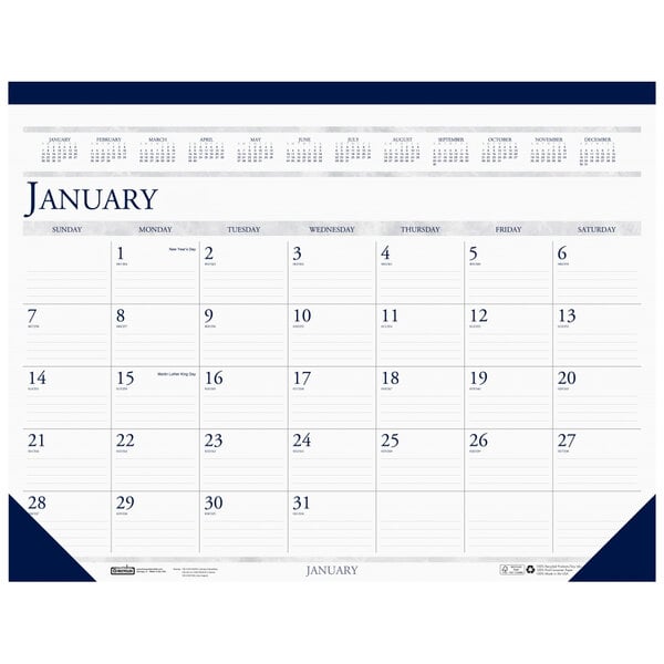 A House of Doolittle desk pad calendar with the word "January" in blue on a white background with blue and gray borders.