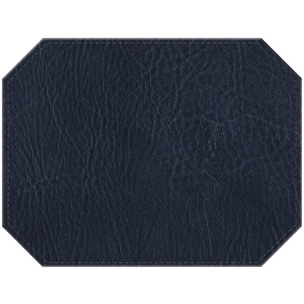 A navy faux leather octagon placemat with stitching.