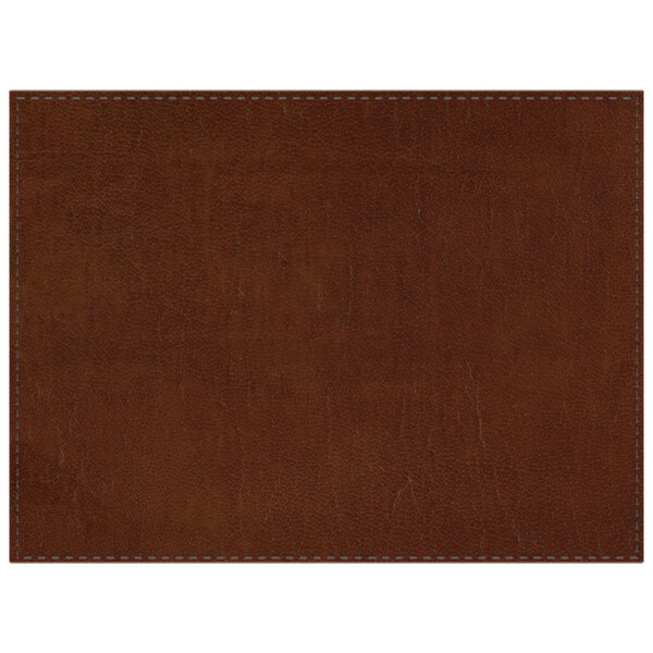 A customizable brown leather rectangle placemat with stitching.